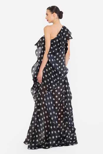 Gauri & Nainika Black Organza One Shoulder Polka Dot Print Dress Online at Aza Fashions Gauri & Nainika_Black Organza One Shoulder Polka Dot Print Dress _Online_at_Aza_Fashions