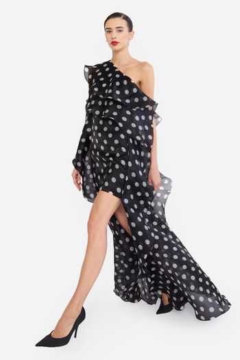 Shop Gauri & Nainika Black Organza One Shoulder Polka Dot Print Dress Online at Aza Fashions Shop_Gauri & Nainika_Black Organza One Shoulder Polka Dot Print Dress _Online_at_Aza_Fashions
