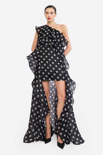 Gauri & Nainika Black Organza One Shoulder Polka Dot Print Dress at Aza Fashions Gauri & Nainika_Black Organza One Shoulder Polka Dot Print Dress _at_Aza_Fashions