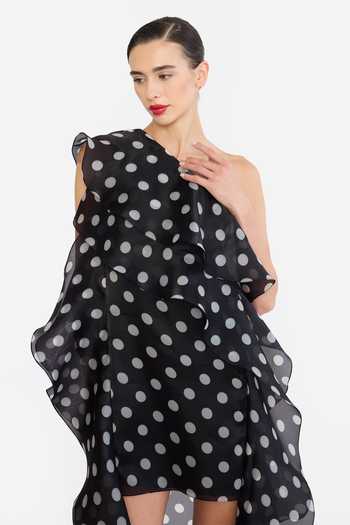 Buy Gauri & Nainika Black Organza One Shoulder Polka Dot Print Dress Buy_Gauri & Nainika_Black Organza One Shoulder Polka Dot Print Dress