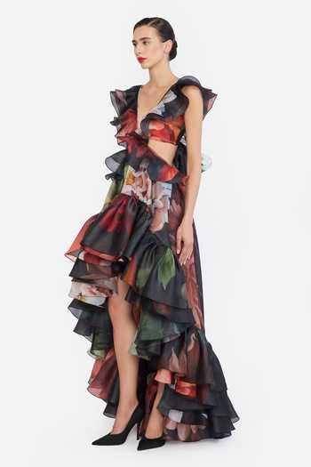 Gauri & Nainika Black Organza V-neck Printed High-low Ruffled Dress Online at Aza Fashions Gauri & Nainika_Black Organza V-neck Printed High-low Ruffled Dress _Online_at_Aza_Fashions