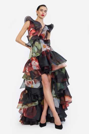 Gauri & Nainika Printed High-Low Ruffled Dress