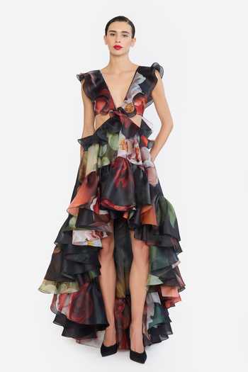 Buy Gauri & Nainika Black Organza V-neck Printed High-low Ruffled Dress Online at Aza Fashions Buy_Gauri & Nainika_Black Organza V-neck Printed High-low Ruffled Dress _Online_at_Aza_Fashions