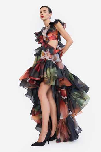 Shop Gauri & Nainika Black Organza V-neck Printed High-low Ruffled Dress Online at Aza Fashions Shop_Gauri & Nainika_Black Organza V-neck Printed High-low Ruffled Dress _Online_at_Aza_Fashions
