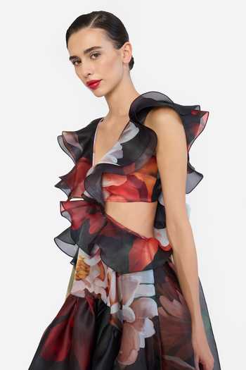 Buy Gauri & Nainika Black Organza V-neck Printed High-low Ruffled Dress Buy_Gauri & Nainika_Black Organza V-neck Printed High-low Ruffled Dress