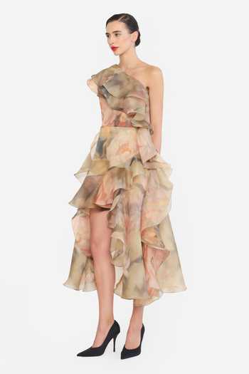 Gauri & Nainika Ivory Organza One Shoulder Printed Ruffle Dress Online at Aza Fashions Gauri & Nainika_Ivory Organza One Shoulder Printed Ruffle Dress _Online_at_Aza_Fashions