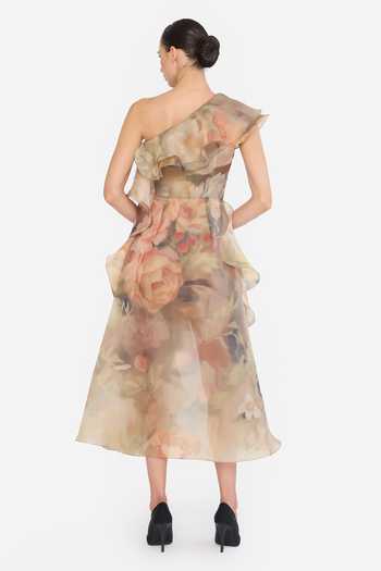 Gauri & Nainika Printed One Shoulder Ruffle Dress