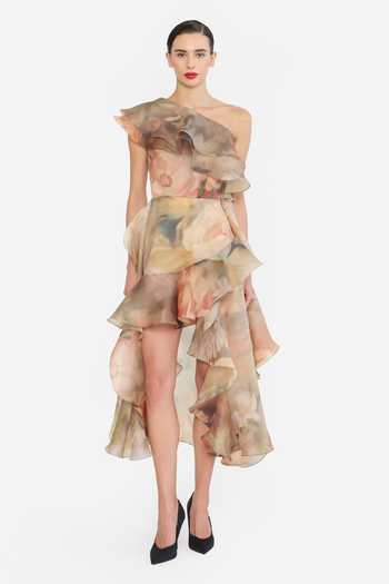 Gauri & Nainika Printed One Shoulder Ruffle Dress