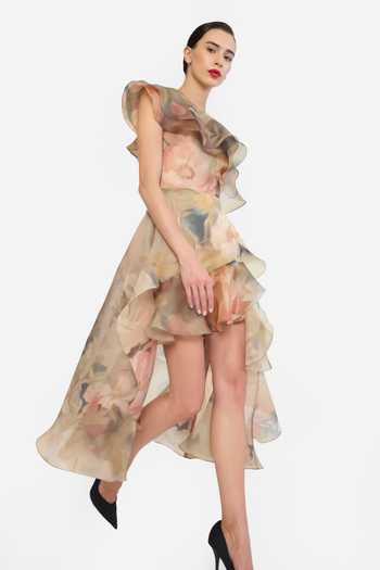Buy Gauri & Nainika Ivory Organza One Shoulder Printed Ruffle Dress Online at Aza Fashions Buy_Gauri & Nainika_Ivory Organza One Shoulder Printed Ruffle Dress _Online_at_Aza_Fashions