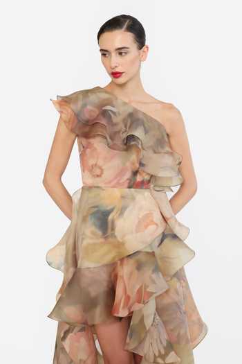 Shop Gauri & Nainika Ivory Organza One Shoulder Printed Ruffle Dress Online at Aza Fashions Shop_Gauri & Nainika_Ivory Organza One Shoulder Printed Ruffle Dress _Online_at_Aza_Fashions