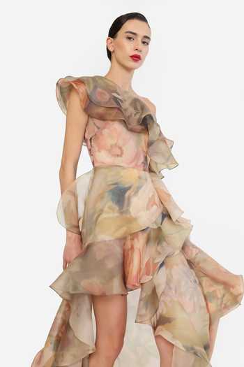Gauri & Nainika Ivory Organza One Shoulder Printed Ruffle Dress at Aza Fashions Gauri & Nainika_Ivory Organza One Shoulder Printed Ruffle Dress _at_Aza_Fashions