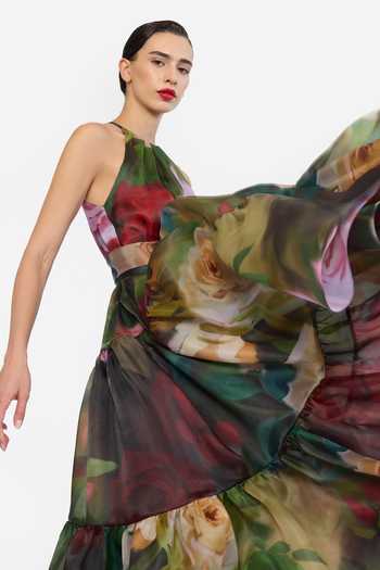 Gauri & Nainika Green Organza Halter Neck Floral Print Dress With Belt Online at Aza Fashions Gauri & Nainika_Green Organza Halter Neck Floral Print Dress With Belt _Online_at_Aza_Fashions