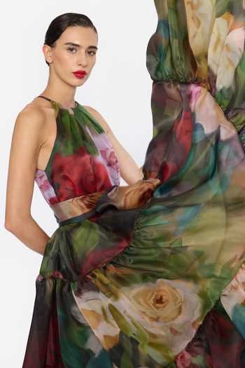 Buy Gauri & Nainika Green Organza Halter Neck Floral Print Dress With Belt Online at Aza Fashions Buy_Gauri & Nainika_Green Organza Halter Neck Floral Print Dress With Belt _Online_at_Aza_Fashions