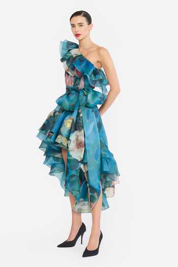 Gauri & Nainika Blue Organza One Shoulder Printed High-low Dress With Belt Online at Aza Fashions Gauri & Nainika_Blue Organza One Shoulder Printed High-low Dress With Belt _Online_at_Aza_Fashions