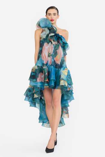 Buy Gauri & Nainika Blue Organza One Shoulder Printed High-low Dress With Belt Online at Aza Fashions Buy_Gauri & Nainika_Blue Organza One Shoulder Printed High-low Dress With Belt _Online_at_Aza_Fashions