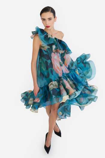 Shop Gauri & Nainika Blue Organza One Shoulder Printed High-low Dress With Belt Online at Aza Fashions Shop_Gauri & Nainika_Blue Organza One Shoulder Printed High-low Dress With Belt _Online_at_Aza_Fashions
