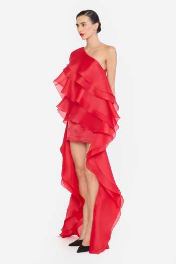Gauri & Nainika Red Organza One Shoulder Ruffled High Low Hem Dress Online at Aza Fashions Gauri & Nainika_Red Organza One Shoulder Ruffled High Low Hem Dress _Online_at_Aza_Fashions