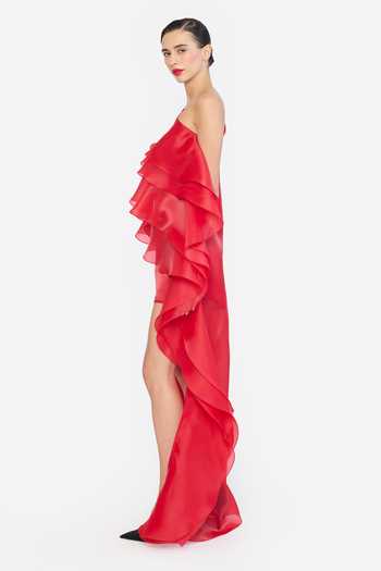 Buy Gauri & Nainika Red Organza One Shoulder Ruffled High Low Hem Dress Online at Aza Fashions Buy_Gauri & Nainika_Red Organza One Shoulder Ruffled High Low Hem Dress _Online_at_Aza_Fashions