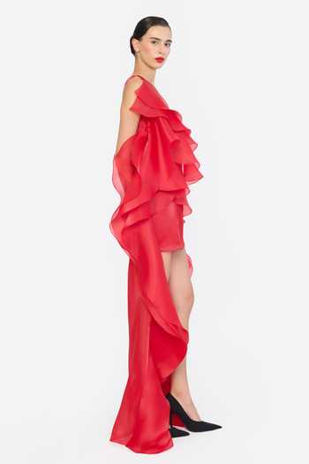 Shop Gauri & Nainika Red Organza One Shoulder Ruffled High Low Hem Dress Online at Aza Fashions Shop_Gauri & Nainika_Red Organza One Shoulder Ruffled High Low Hem Dress _Online_at_Aza_Fashions