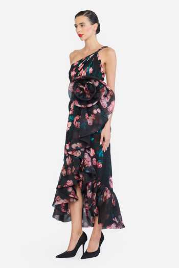 Gauri & Nainika Pink Organza, Crepe One Shoulder Small Rose Print Dress Online at Aza Fashions Gauri & Nainika_Pink Organza, Crepe One Shoulder Small Rose Print Dress _Online_at_Aza_Fashions