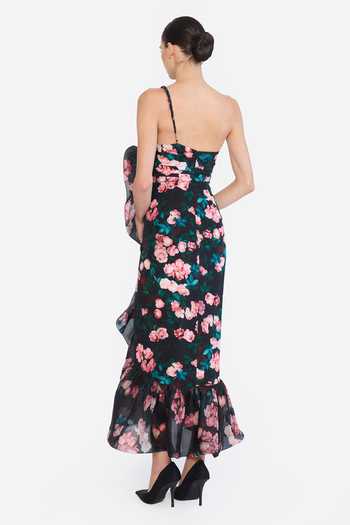 Buy Gauri & Nainika Pink Organza, Crepe One Shoulder Small Rose Print Dress Online at Aza Fashions Buy_Gauri & Nainika_Pink Organza, Crepe One Shoulder Small Rose Print Dress _Online_at_Aza_Fashions