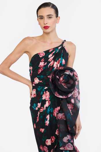 Shop Gauri & Nainika Pink Organza, Crepe One Shoulder Small Rose Print Dress Online at Aza Fashions Shop_Gauri & Nainika_Pink Organza, Crepe One Shoulder Small Rose Print Dress _Online_at_Aza_Fashions