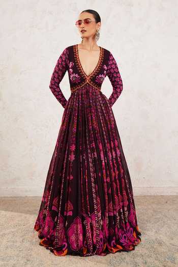 Shop_Miku Kumar_Wine Georgette V-neck Ishya Printed Anarkali With Dupatta _Online_at_Aza_Fashions
