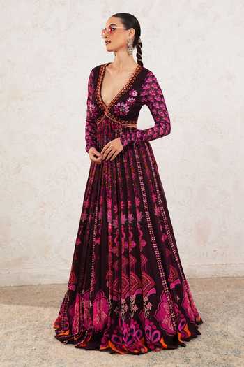 Miku Kumar_Wine Georgette V-neck Ishya Printed Anarkali With Dupatta _at_Aza_Fashions
