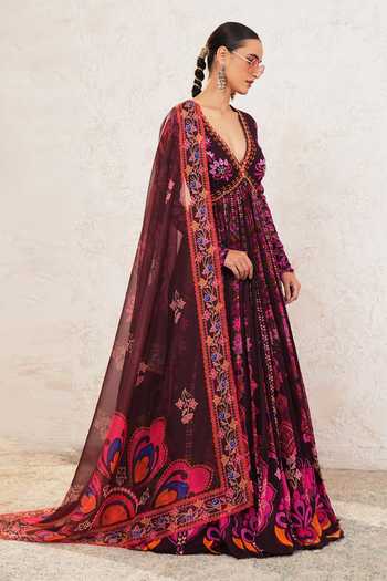 Shop_Miku Kumar_Wine Georgette V-neck Ishya Printed Anarkali With Dupatta 