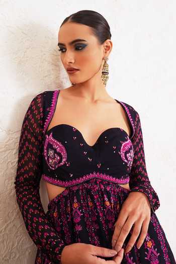 Buy_Miku Kumar_Purple Georgette Sweetheart Neck Myreen Printed Anarkali With Dupatta _Online_at_Aza_Fashions