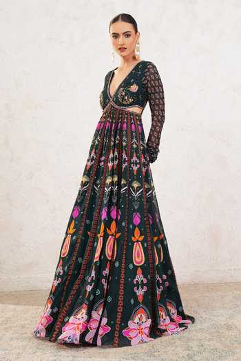 Shop_Miku Kumar_Green Georgette V-neck Dravya Printed Anarkali With Dupatta _Online_at_Aza_Fashions