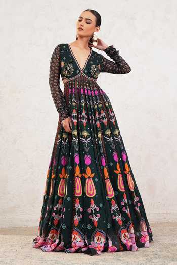 Shop_Miku Kumar_Green Georgette V-neck Dravya Printed Anarkali With Dupatta 