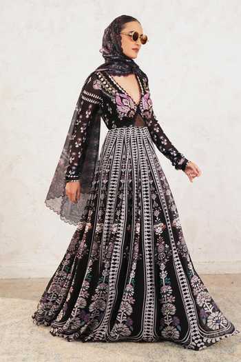 Shop_Miku Kumar_Black Georgette V-neck Velora Printed Anarkali With Dupatta _Online_at_Aza_Fashions
