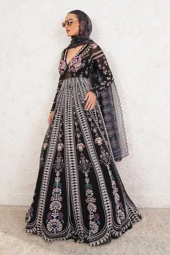 Miku Kumar_Black Georgette V-neck Velora Printed Anarkali With Dupatta _at_Aza_Fashions
