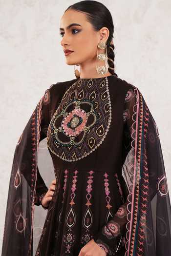 Buy_Miku Kumar_Brown Georgette High Neck Anvya Anarkali With Dupatta _Online_at_Aza_Fashions