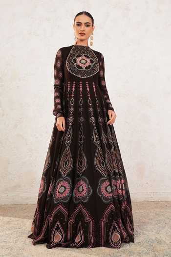 Miku Kumar_Brown Georgette High Neck Anvya Anarkali With Dupatta _at_Aza_Fashions