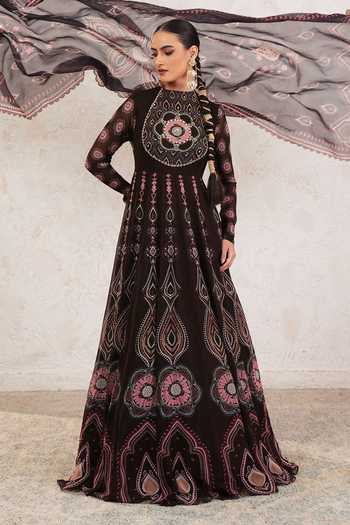 Shop_Miku Kumar_Brown Georgette High Neck Anvya Anarkali With Dupatta 