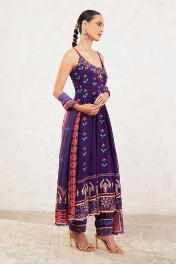 Shop_Miku Kumar_Purple Crepe Scoop Neck Devra Geometric Print Anarkali Set _Online_at_Aza_Fashions