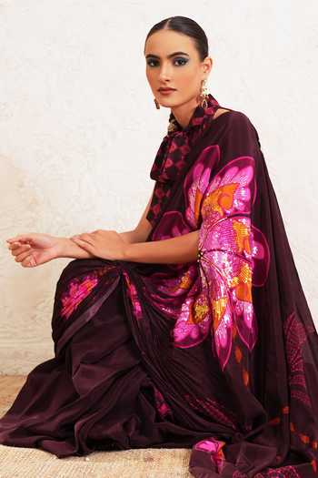 Buy_Miku Kumar_Wine Crepe Halter Neck Kavira Printed Pre-draped Saree With Blouse _Online_at_Aza_Fashions