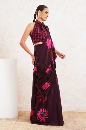 Shop_Miku Kumar_Wine Crepe Halter Neck Kavira Printed Pre-draped Saree With Blouse _Online_at_Aza_Fashions