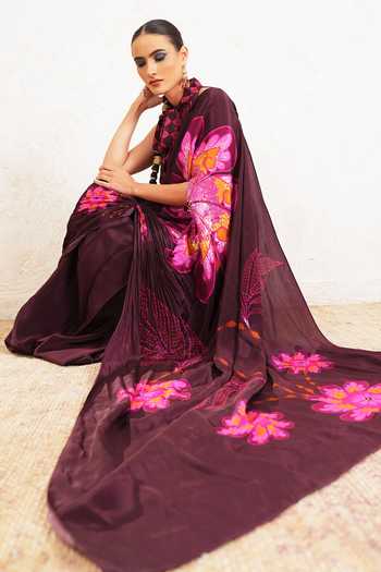 Miku Kumar_Wine Crepe Halter Neck Kavira Printed Pre-draped Saree With Blouse _at_Aza_Fashions