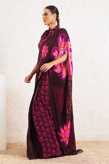 Buy_Miku Kumar_Wine Crepe Halter Neck Kavira Printed Pre-draped Saree With Blouse 