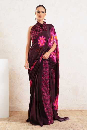Shop_Miku Kumar_Wine Crepe Halter Neck Kavira Printed Pre-draped Saree With Blouse 