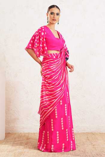 Miku Kumar Pink Crepe Square Neck Olyra Printed Pre-draped Saree With Blouse Online at Aza Fashions Miku Kumar_Pink Crepe Square Neck Olyra Printed Pre-draped Saree With Blouse _Online_at_Aza_Fashions