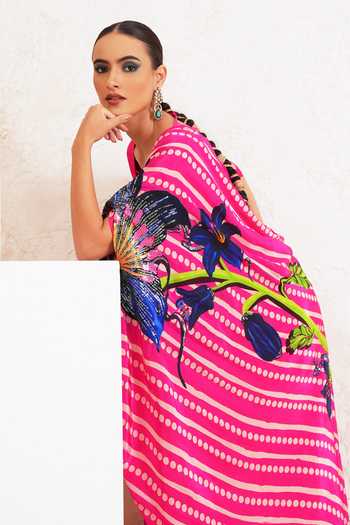 Shop Miku Kumar Pink Crepe Square Neck Olyra Printed Pre-draped Saree With Blouse Online at Aza Fashions Shop_Miku Kumar_Pink Crepe Square Neck Olyra Printed Pre-draped Saree With Blouse _Online_at_Aza_Fashions