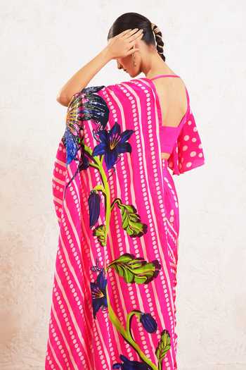 Miku Kumar Pink Crepe Square Neck Olyra Printed Pre-draped Saree With Blouse at Aza Fashions Miku Kumar_Pink Crepe Square Neck Olyra Printed Pre-draped Saree With Blouse _at_Aza_Fashions