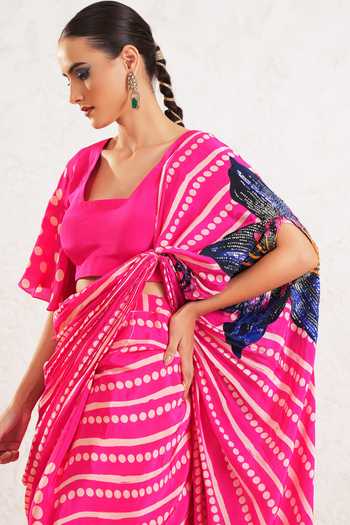 Buy Miku Kumar Pink Crepe Square Neck Olyra Printed Pre-draped Saree With Blouse Buy_Miku Kumar_Pink Crepe Square Neck Olyra Printed Pre-draped Saree With Blouse
