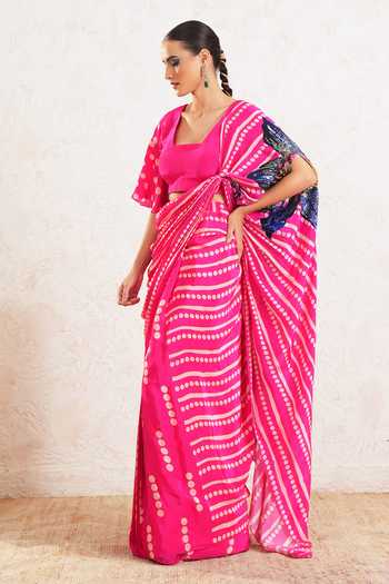 Shop Miku Kumar Pink Crepe Square Neck Olyra Printed Pre-draped Saree With Blouse Shop_Miku Kumar_Pink Crepe Square Neck Olyra Printed Pre-draped Saree With Blouse