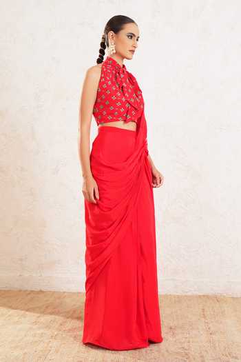 Buy_Miku Kumar_Red Crepe Halter Neck Ishiya Printed Pre-draped Saree With Blouse _Online_at_Aza_Fashions