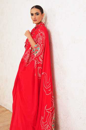 Shop_Miku Kumar_Red Crepe Halter Neck Ishiya Printed Pre-draped Saree With Blouse _Online_at_Aza_Fashions
